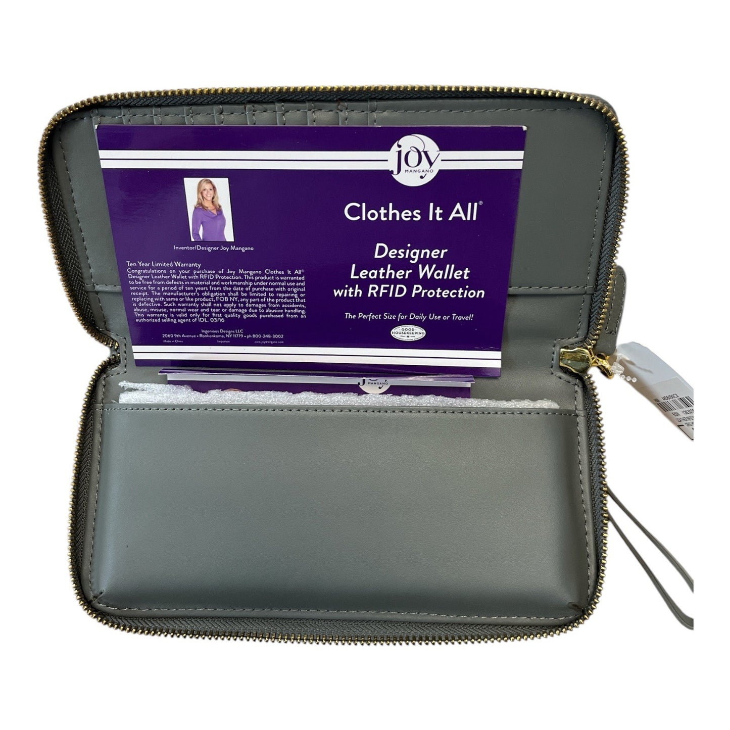 NWT Joy Mangano “Clothes It All” Leather RFID Wristlet Wallet – Gray
