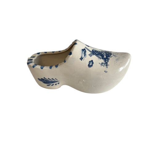 Vintage Delft Blue Wooden Shoe Planter Windmill Holland Ceramic Clog 7”