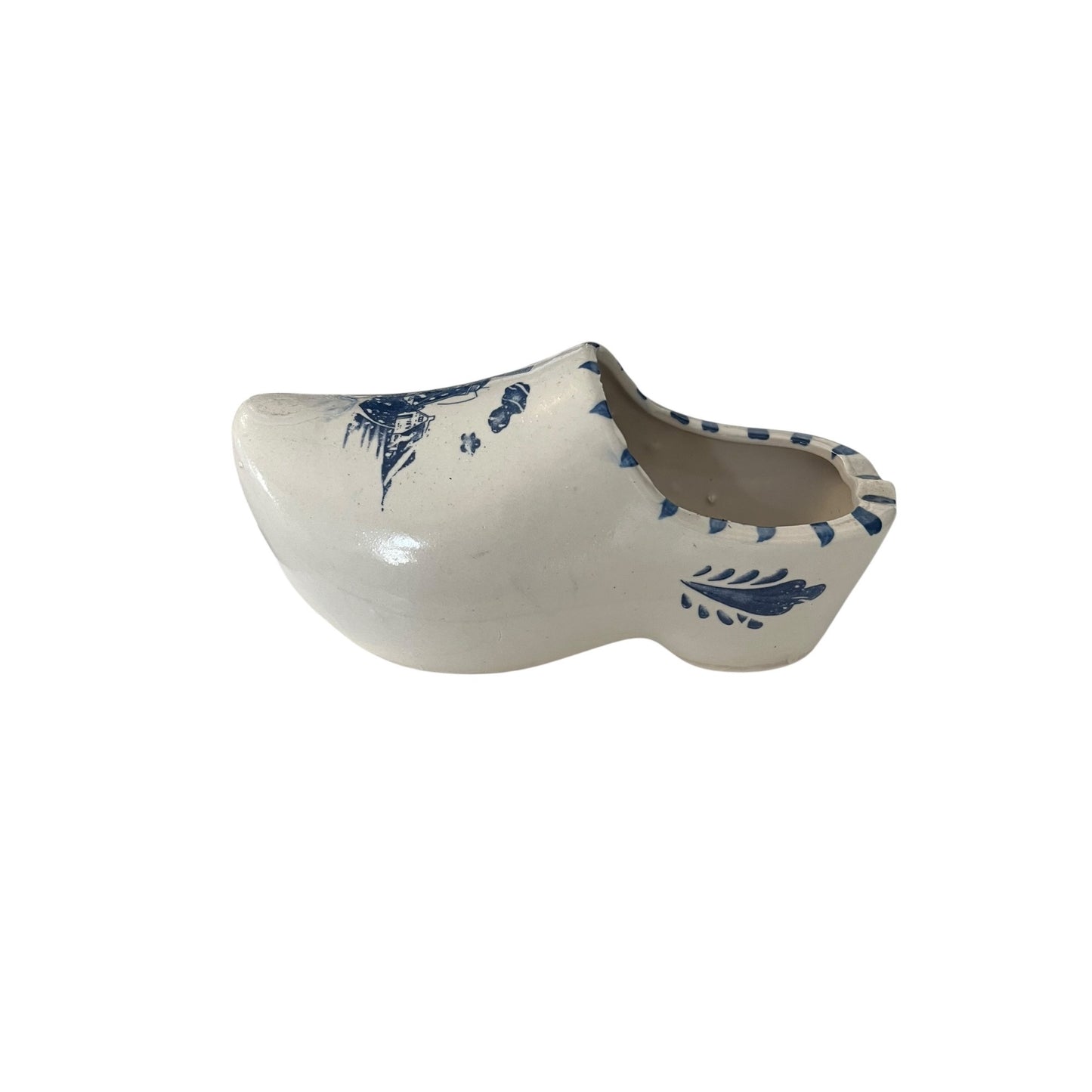 Vintage Delft Blue Wooden Shoe Planter Windmill Holland Ceramic Clog 7”