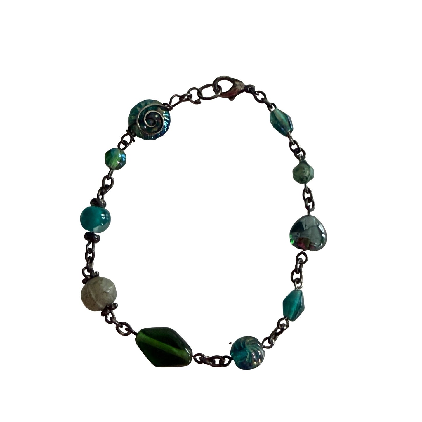 Vintage Style Green Teal Mixed Bead Bracelet Boho Artisan Spiral Glass 8 Inch