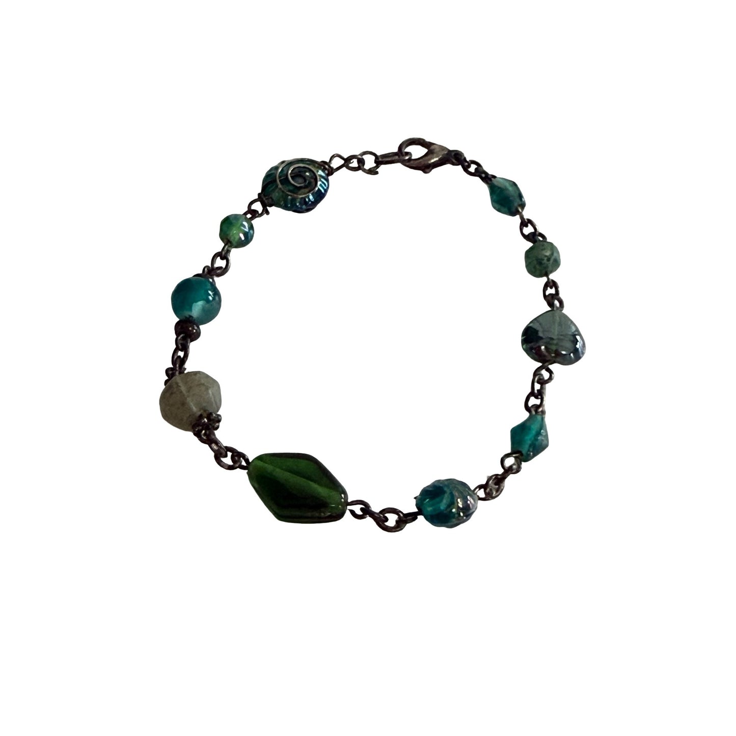 Vintage Style Green Teal Mixed Bead Bracelet Boho Artisan Spiral Glass 8 Inch