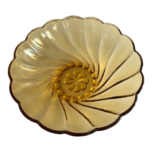 Vintage Hazel-Atlas Amber Swirl Glass Bowl – 9” x 4” – Mid-Century Pressed Glass