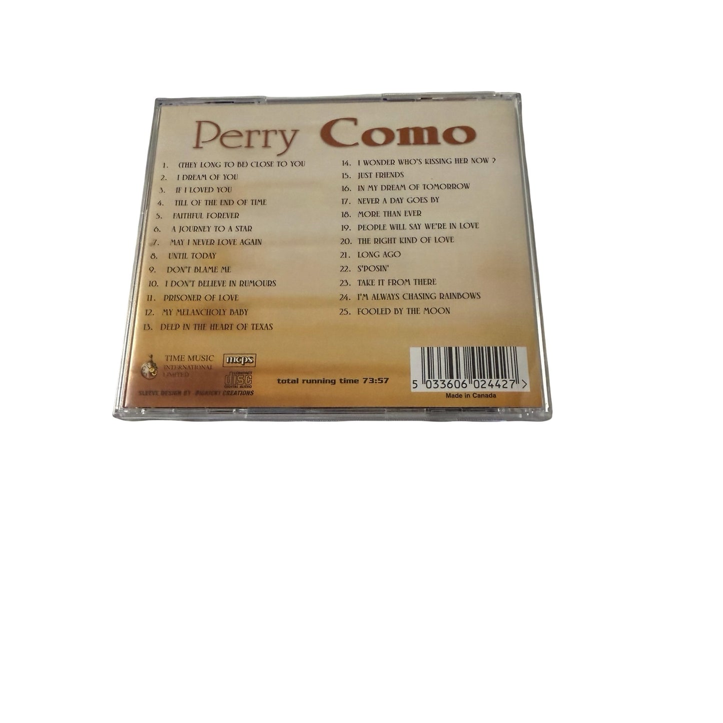 Perry Como Greatest Hits CD Time Music International 25 Songs Made in Canada