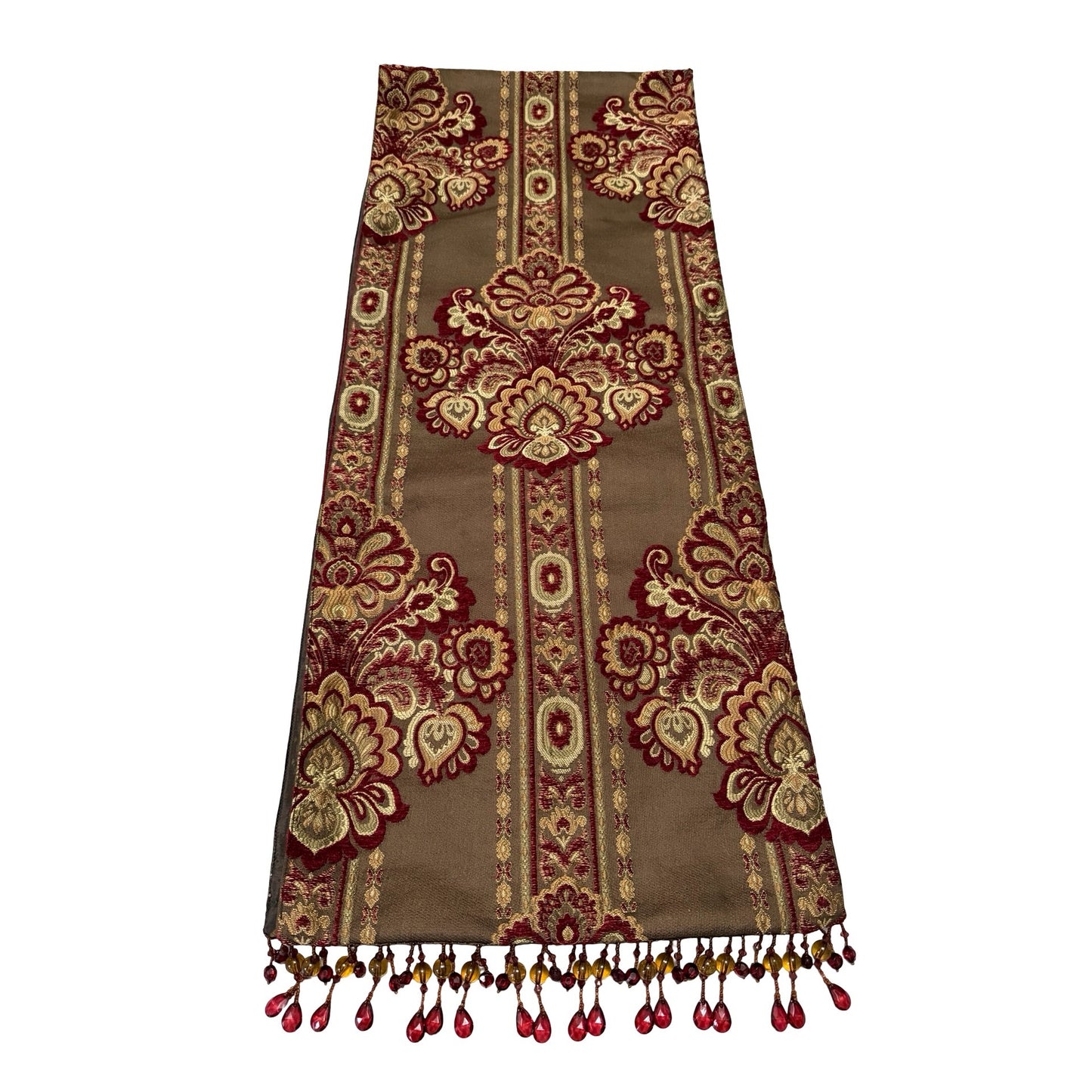 Vintage Bombay Company Silk Velvet Tapestry Table Runner Beaded Fringe Red Gold Brown