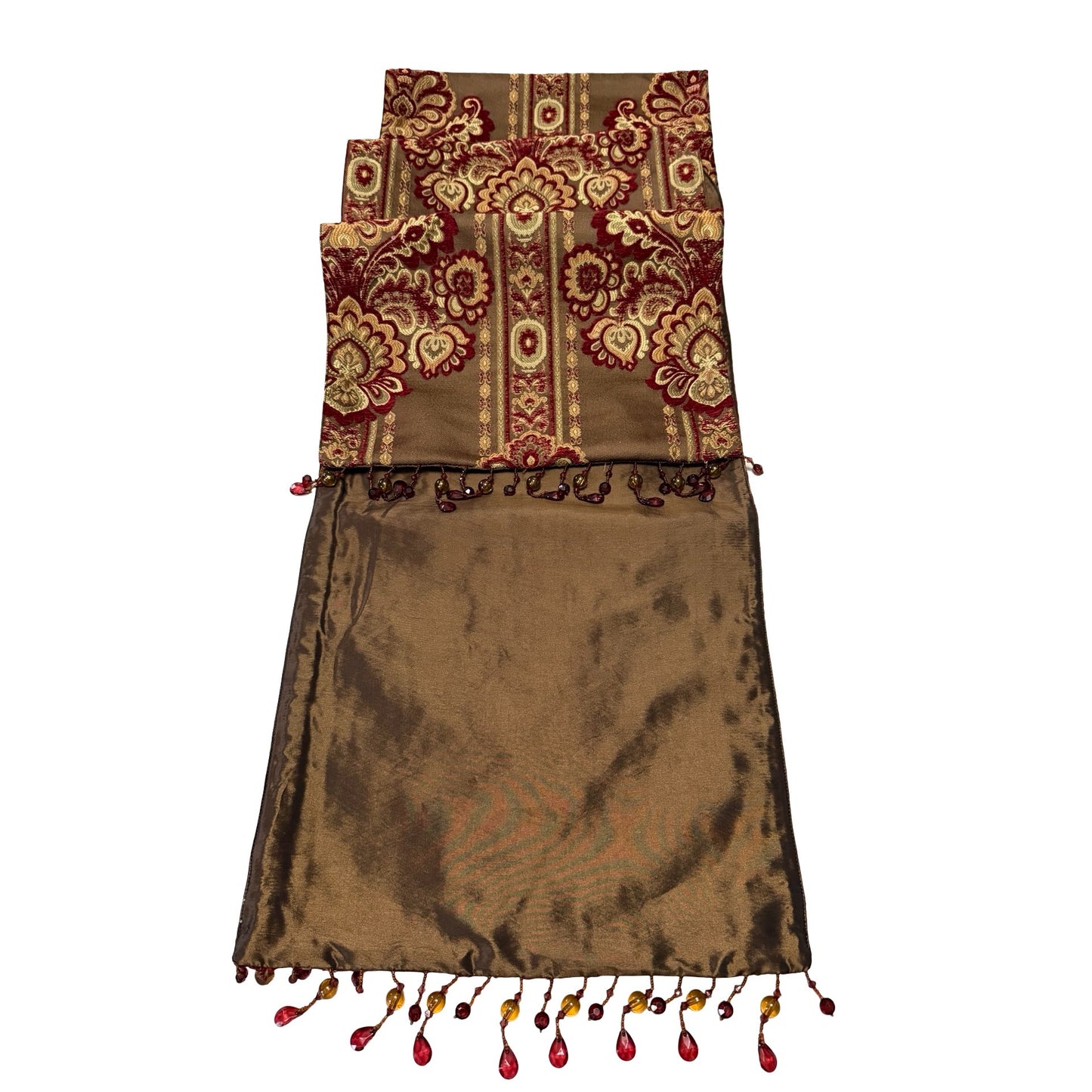 Vintage Bombay Company Silk Velvet Tapestry Table Runner Beaded Fringe Red Gold Brown