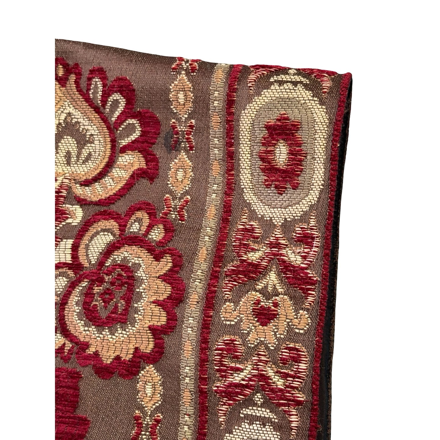Vintage Bombay Company Silk Velvet Tapestry Table Runner Beaded Fringe Red Gold Brown