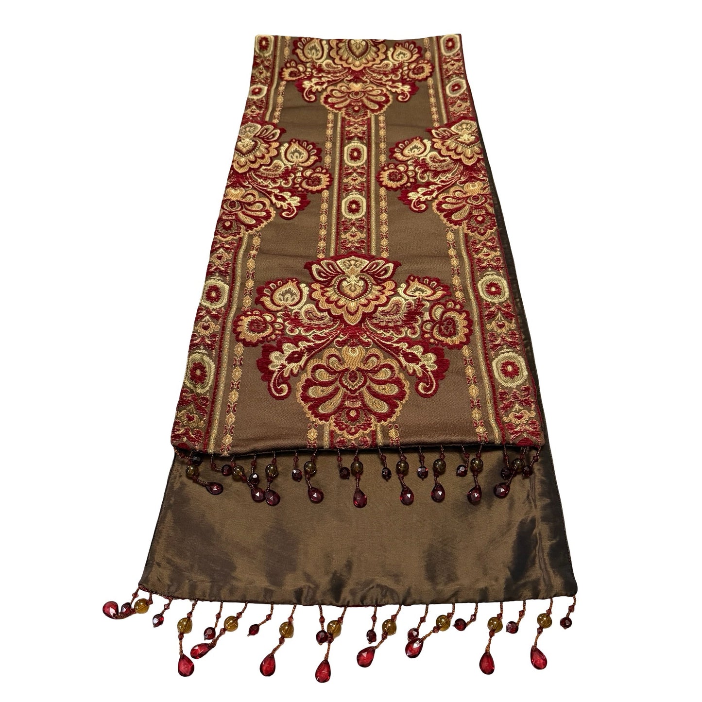 Vintage Bombay Company Silk Velvet Tapestry Table Runner Beaded Fringe Red Gold Brown