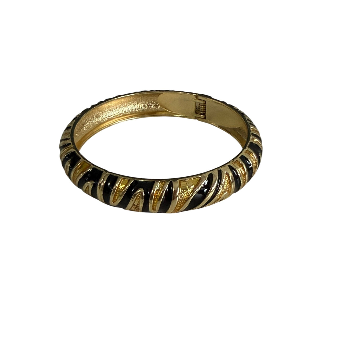 Vintage Black Enamel Gold Tone Hinged Clamper Bangle Bracelet 1980s 1990s