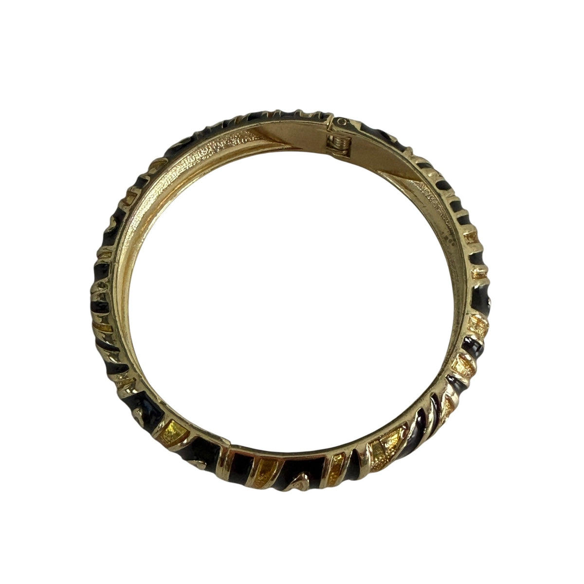 Vintage Black Enamel Gold Tone Hinged Clamper Bangle Bracelet 1980s 1990s