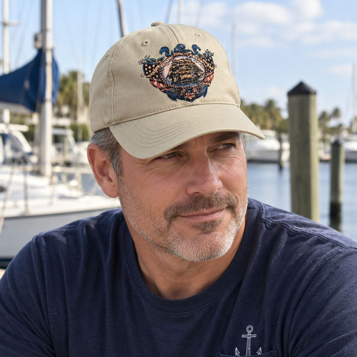 West Marine Nautical Sailing Ship Embroidered Khaki Baseball Cap Adjustable
