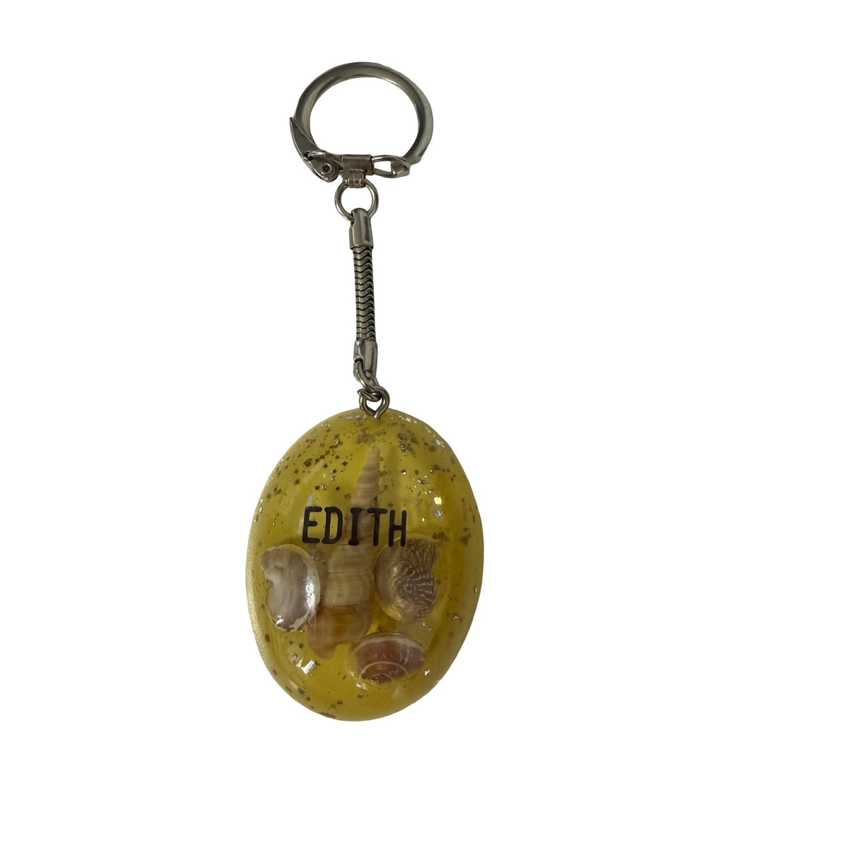 Vintage Edith Seashell Keychain Yellow Resin Personalized Beach Souvenir