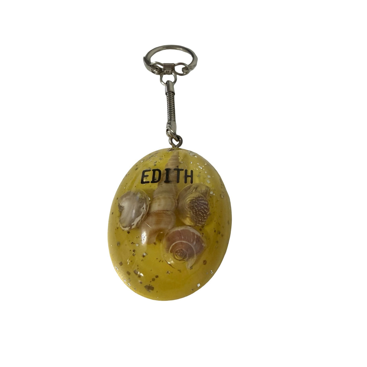 Vintage Edith Seashell Keychain Yellow Resin Personalized Beach Souvenir