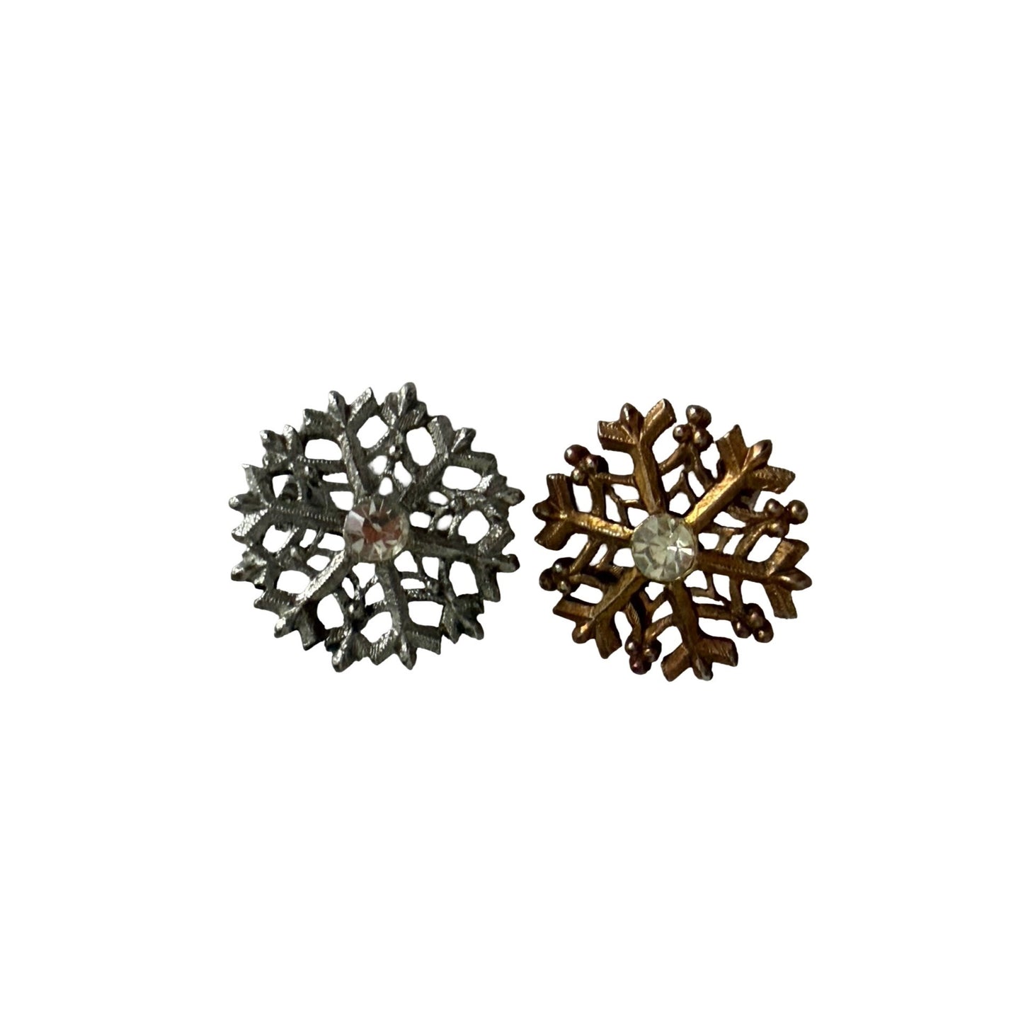 Vintage Snowflake Rhinestone Brooch Lot of 2 Silver Tone Gold Tone Winter Pins