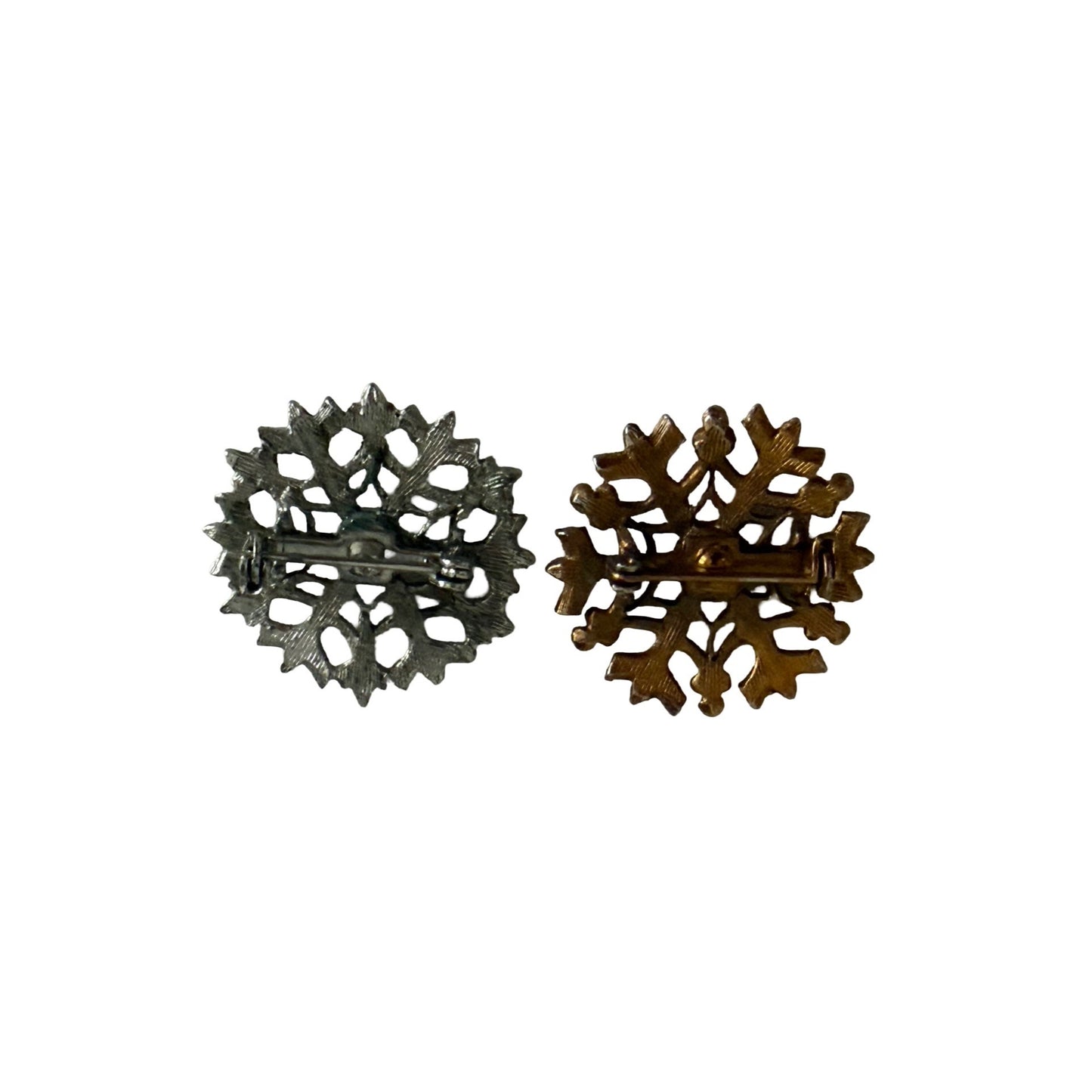 Vintage Snowflake Rhinestone Brooch Lot of 2 Silver Tone Gold Tone Winter Pins