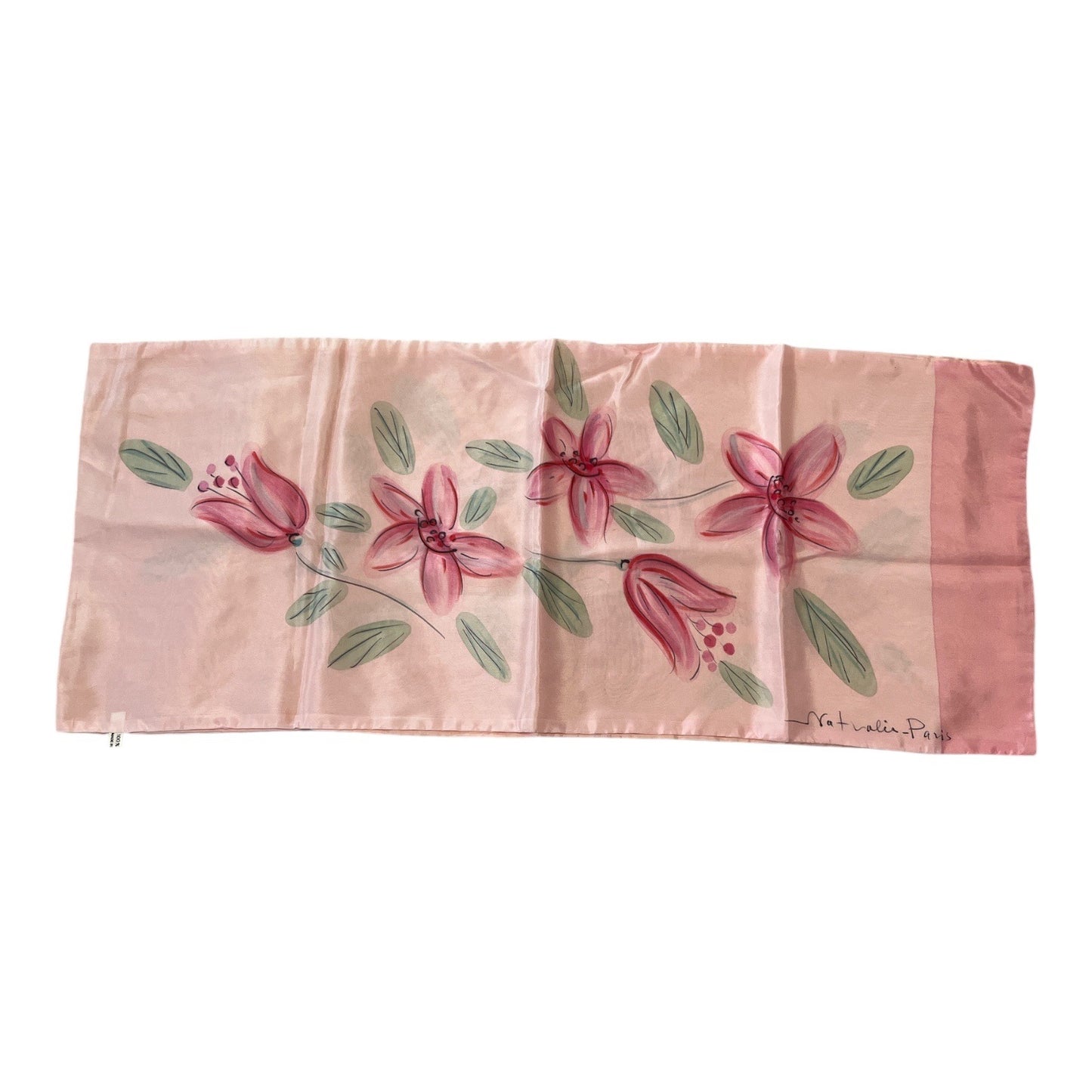 Vintage French Silk Scarf – Signed “Nathalie – Paris” – Hand-Painted Floral – 54″ × 11″