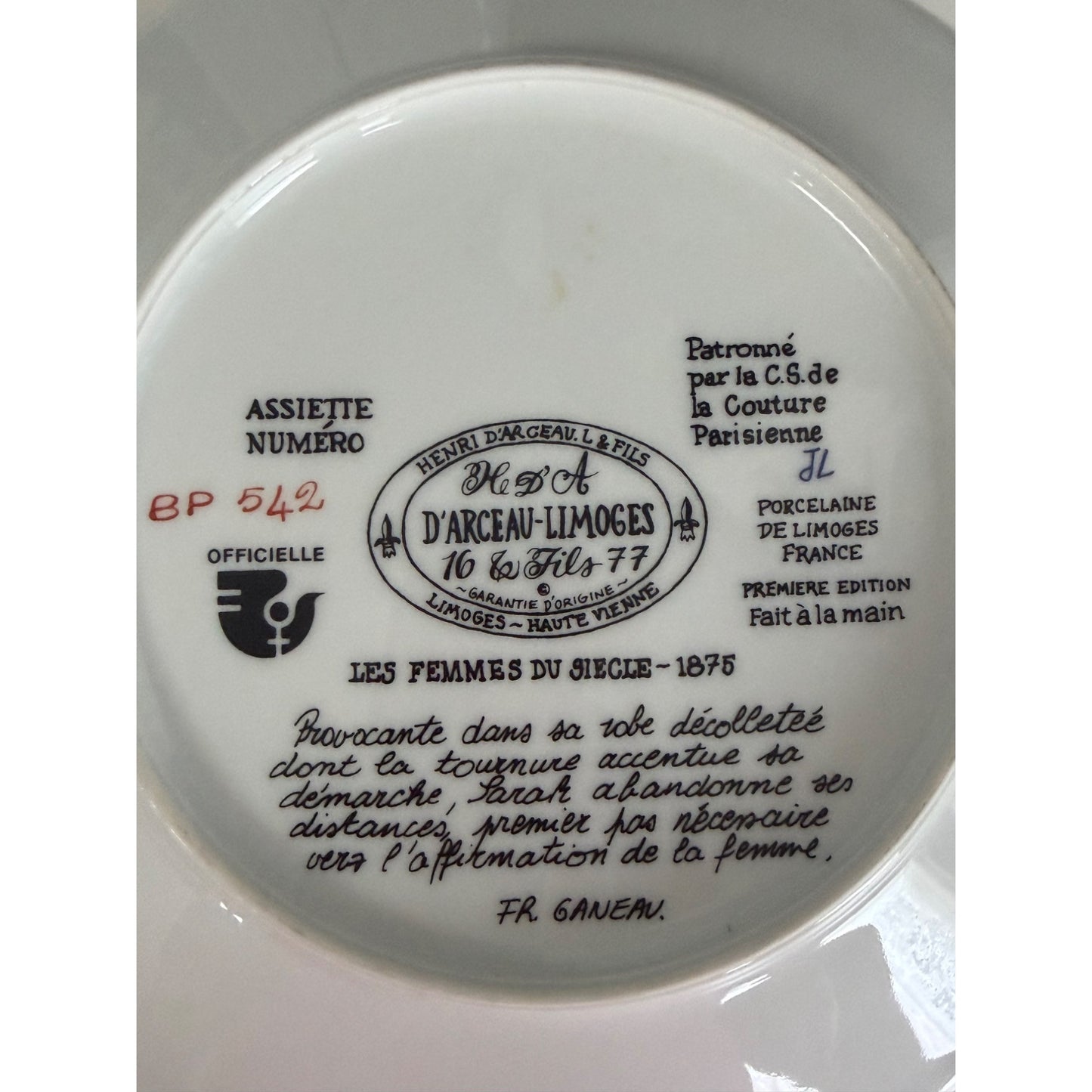 D'Arceau Limoges Les Femmes du Siècle 1875 Sarah en Tournure Collector Plate France