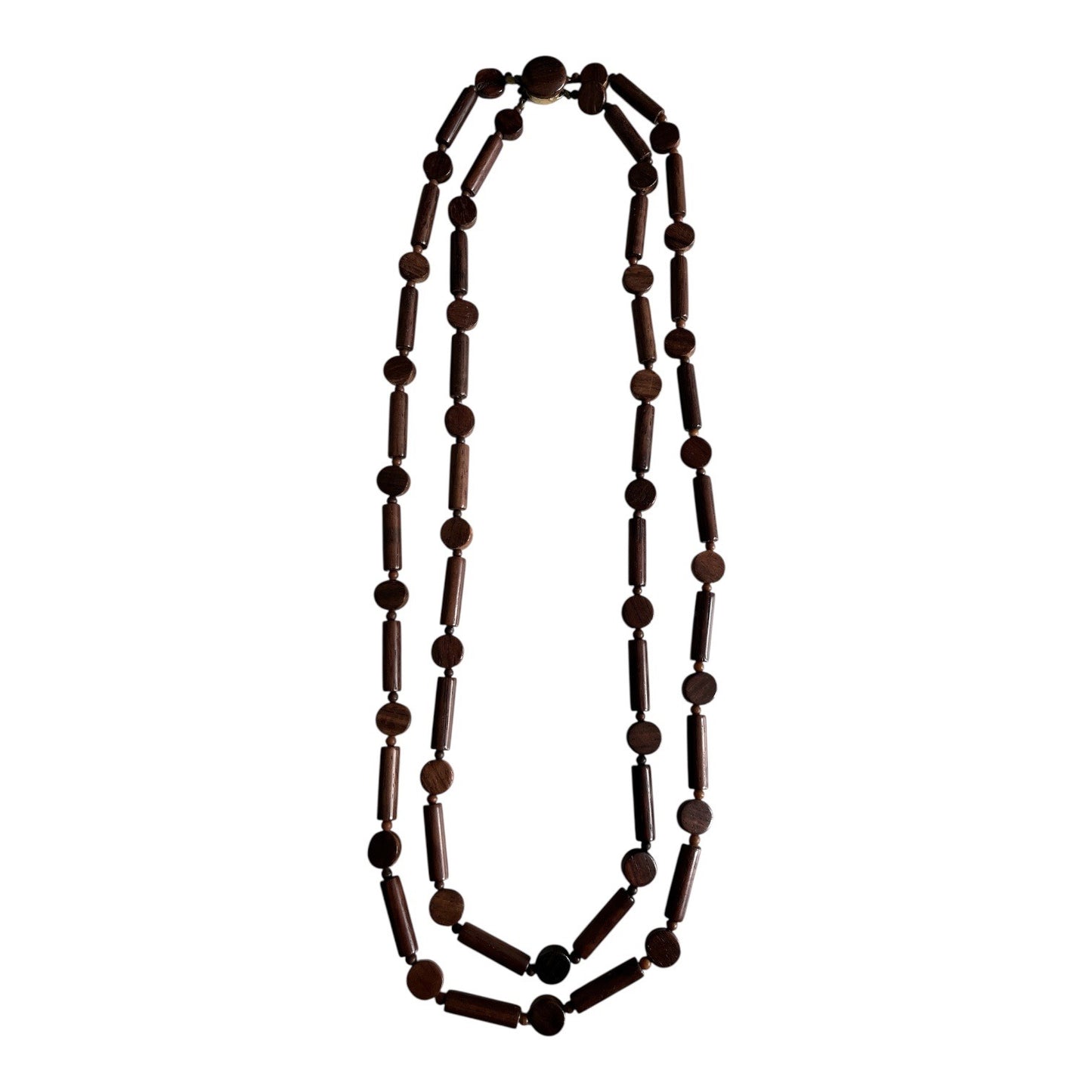 Vintage Wooden Bead Necklace Barrel and Round Bead Strand Statement Jewelry