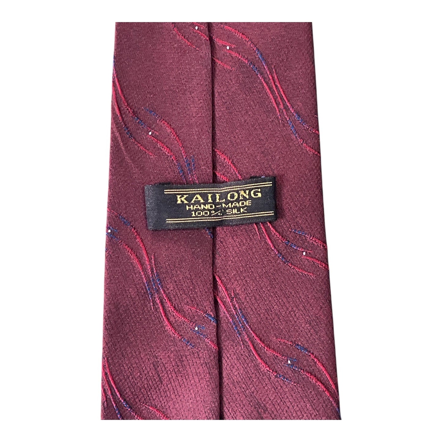 Kailong Handmade Silk Necktie Burgundy Red Abstract Wave Pattern