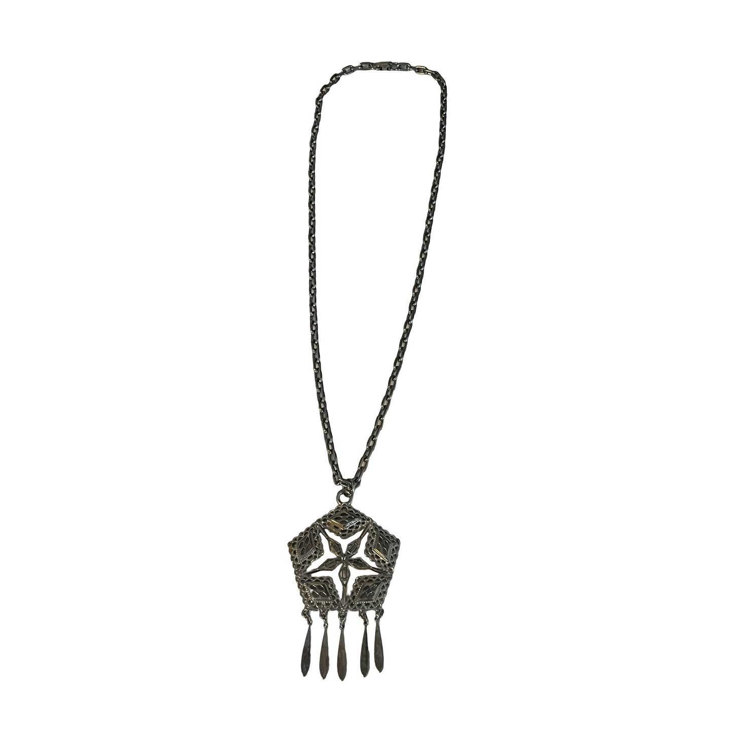 Vintage Filigree Pendant Necklace Silver Tone Dangle Fringe Statement Necklace 24in