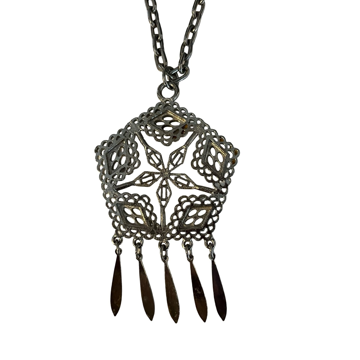 Vintage Filigree Pendant Necklace Silver Tone Dangle Fringe Statement Necklace 24in