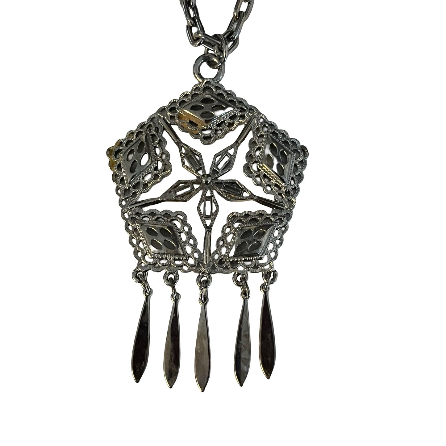 Vintage Filigree Pendant Necklace Silver Tone Dangle Fringe Statement Necklace 24in