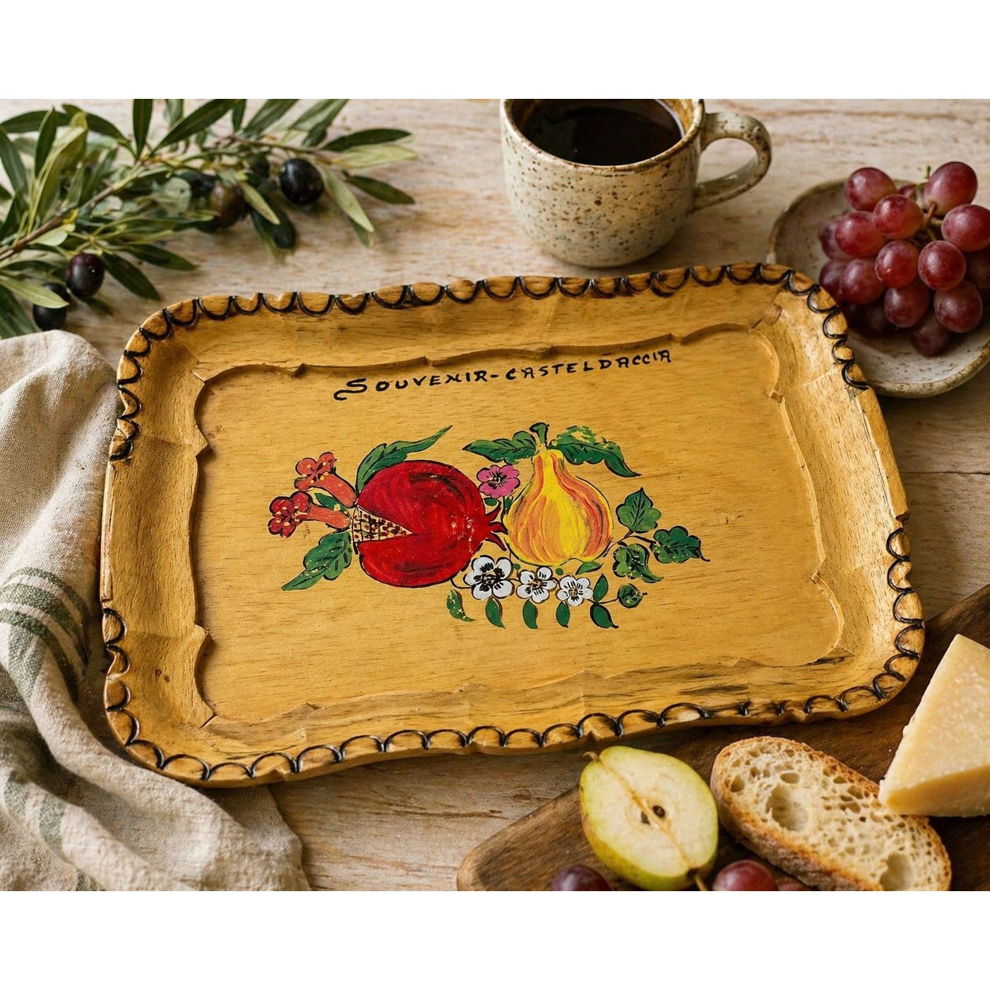 Vintage Hand Painted Wooden Tray Souvenir Casteldaccia Italy Folk Art 12x9