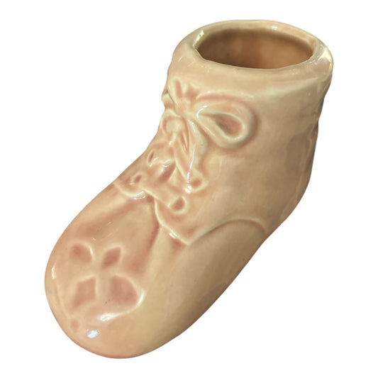Mid Century Ceramic Baby Bootie Planter Made In USA Peach Pink Glaze Decorative Nursery Accent