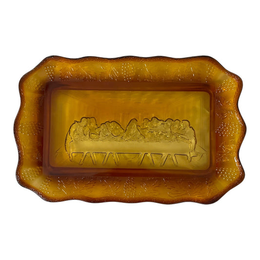 Vintage Amber Glass Last Supper Tray with Scalloped Edge and Grape Vine Border – Mid-Century Pressed Glass