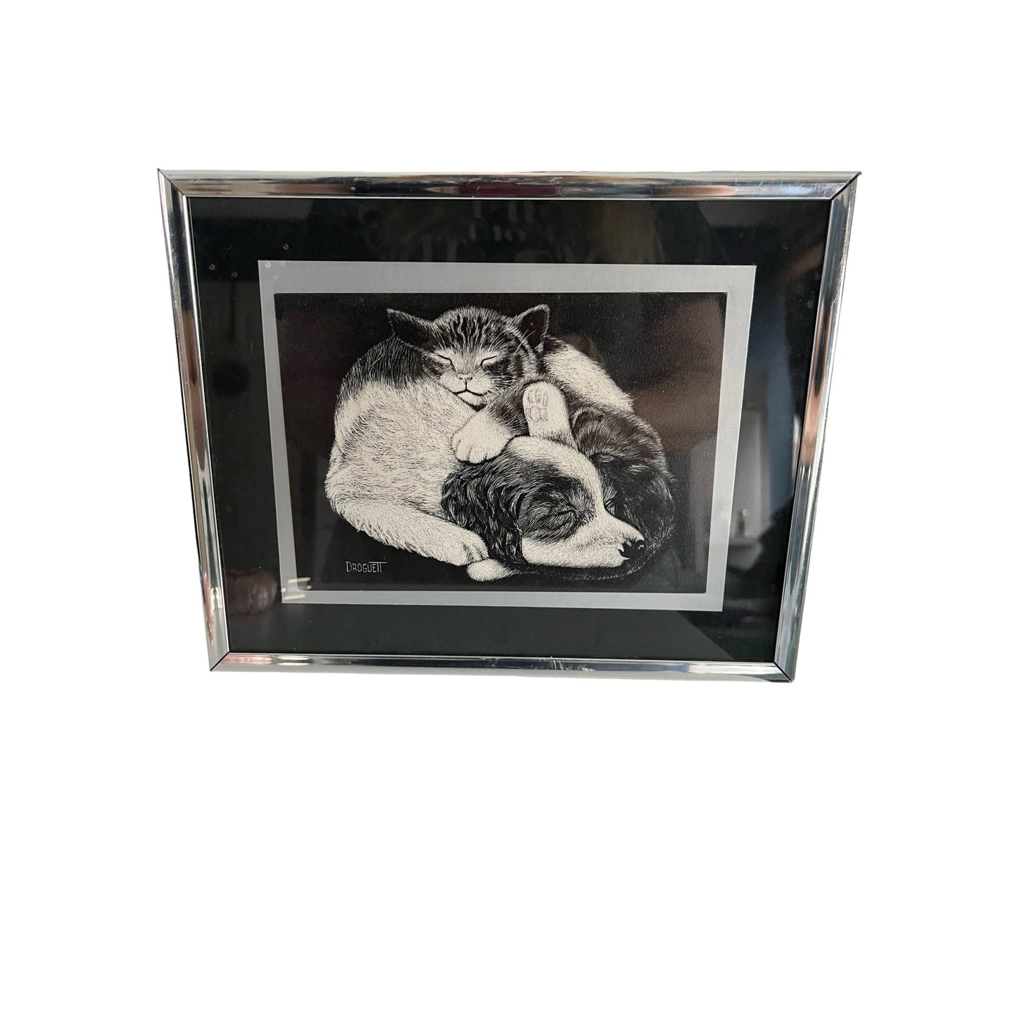 Vintage Cat and Dog Print Black White Signed Droguett Framed Wall Art 10x8