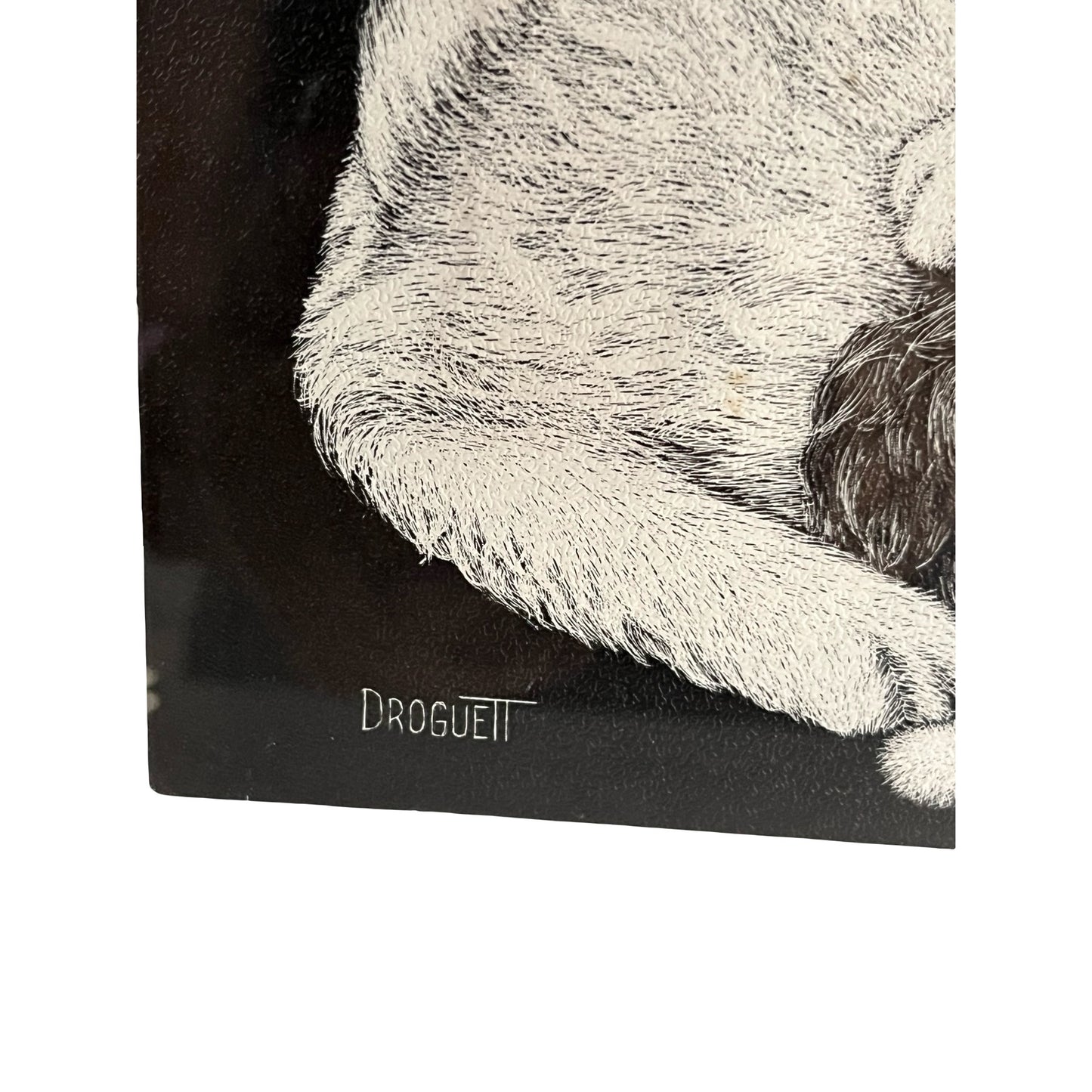 Vintage Cat and Dog Print Black White Signed Droguett Framed Wall Art 10x8