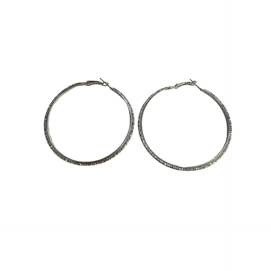 Silver Tone Diamond Cut Hoop Earrings 2.5" Large Textured Statement Hoops