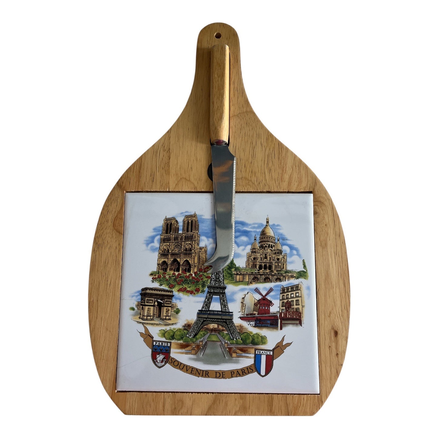 Vintage Paris Souvenir Cheese Board with Knife – Wood & Ceramic Tile, Eiffel Tower & Landmarks – 13x8