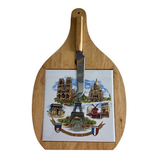 Vintage Paris Souvenir Cheese Board with Knife – Wood & Ceramic Tile, Eiffel Tower & Landmarks – 13x8