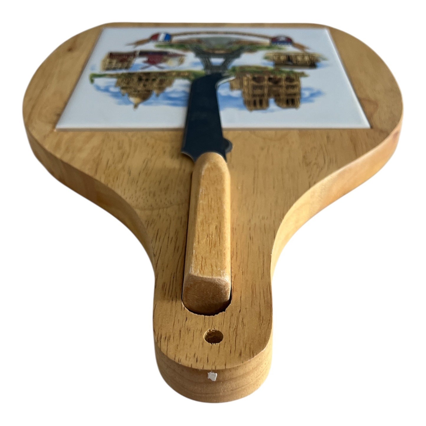 Vintage Paris Souvenir Cheese Board with Knife – Wood & Ceramic Tile, Eiffel Tower & Landmarks – 13x8