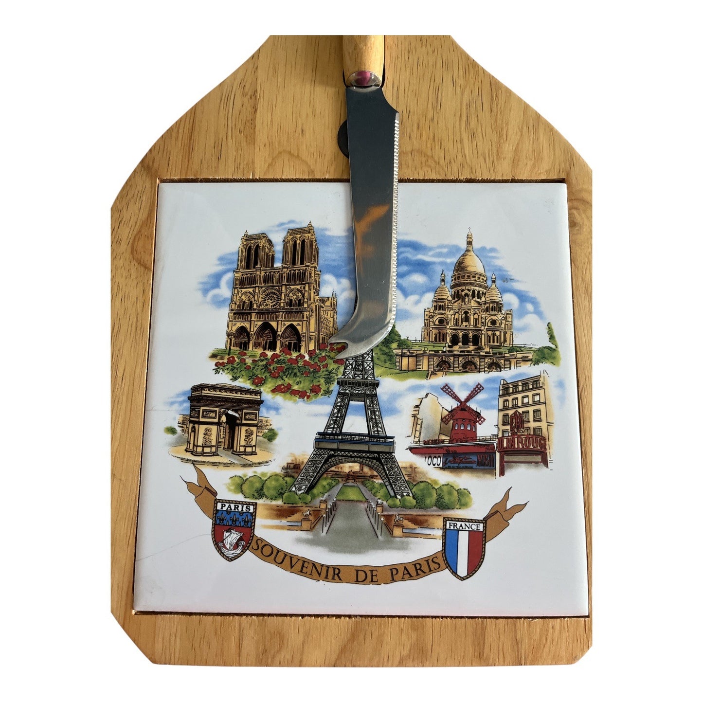 Vintage Paris Souvenir Cheese Board with Knife – Wood & Ceramic Tile, Eiffel Tower & Landmarks – 13x8