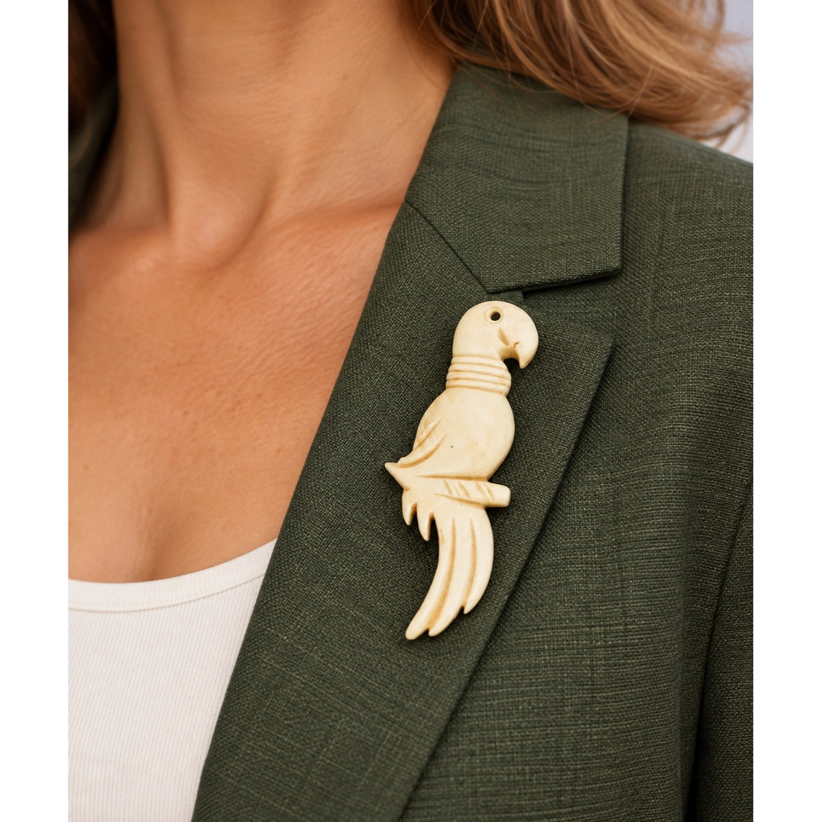 Vintage Cream Parrot Bird Brooch Pin Carved Look Tropical Figural Jewelry 3 Inch