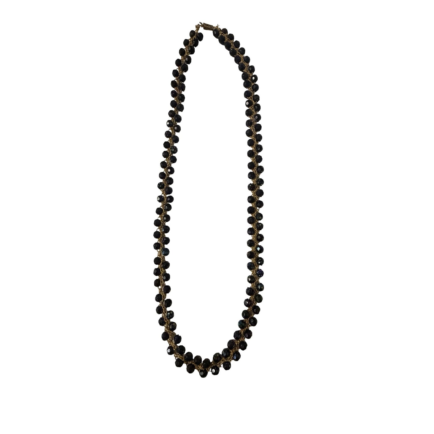 Vintage Black Faceted Bead Crochet Necklace Gold Tone 24" Boho Statement