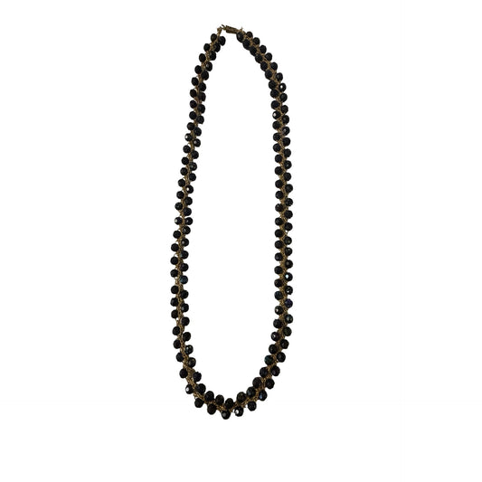 Vintage Black Faceted Bead Crochet Necklace Gold Tone 24" Boho Statement