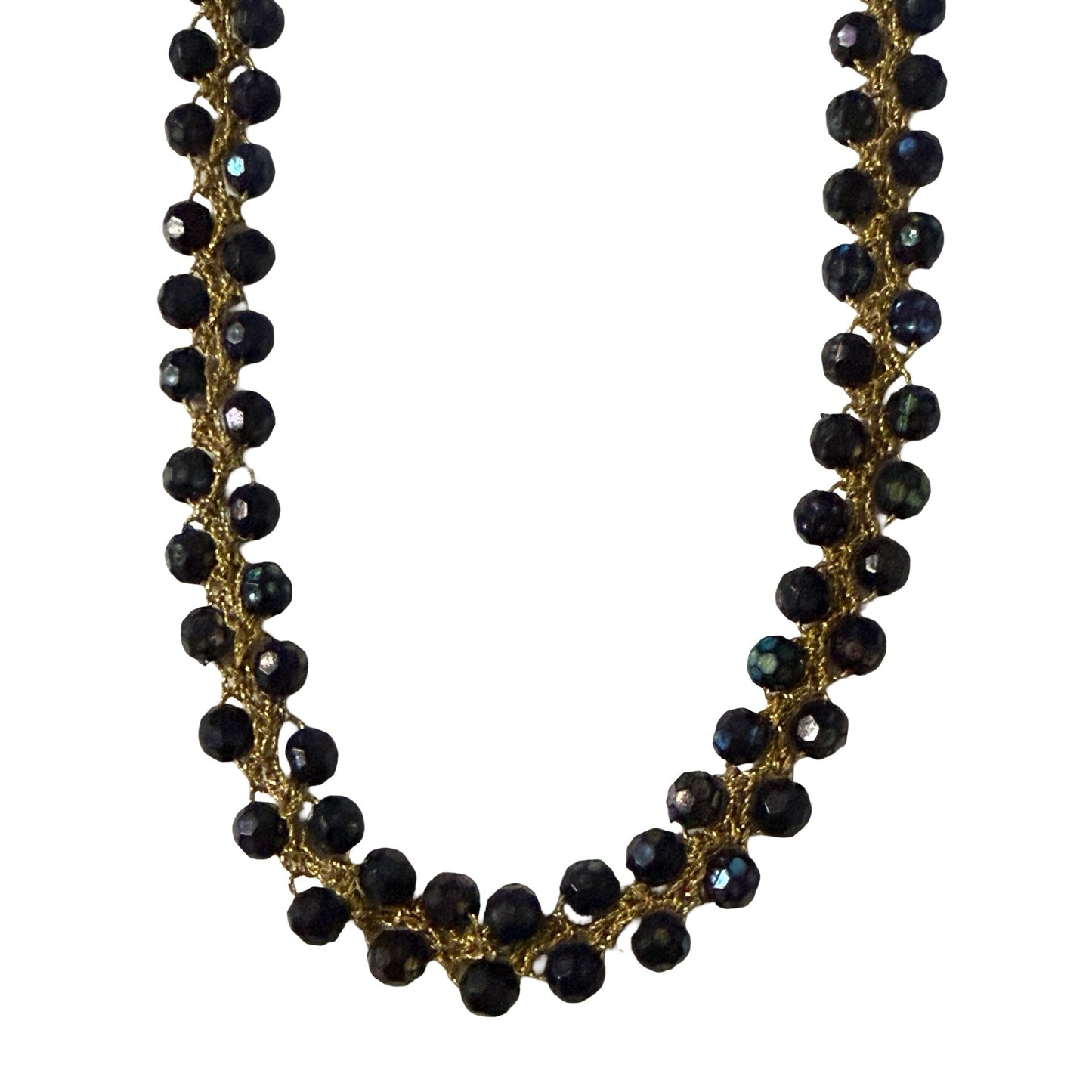 Vintage Black Faceted Bead Crochet Necklace Gold Tone 24" Boho Statement