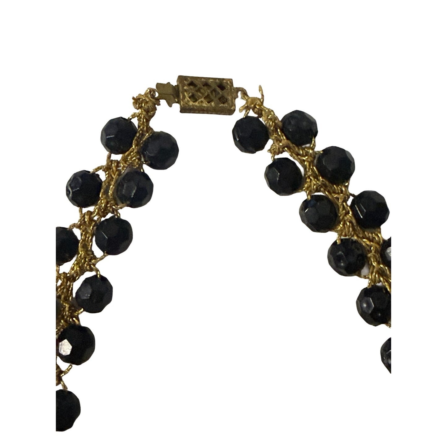 Vintage Black Faceted Bead Crochet Necklace Gold Tone 24" Boho Statement