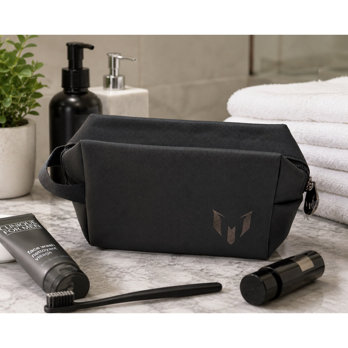 Messi Black Toiletry Bag Travel Dopp Kit Zip Cosmetic Organizer Case NWT