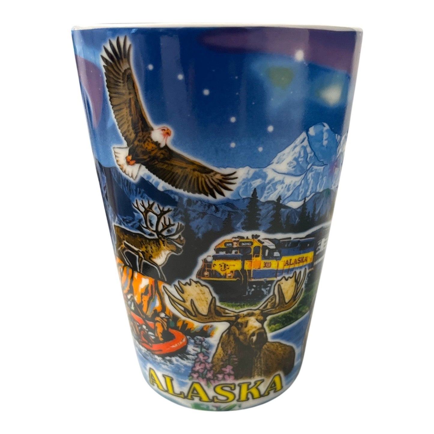 Vintage Alaska Outpost Scenic Wildlife Train Coffee Mug Bear Moose Eagle