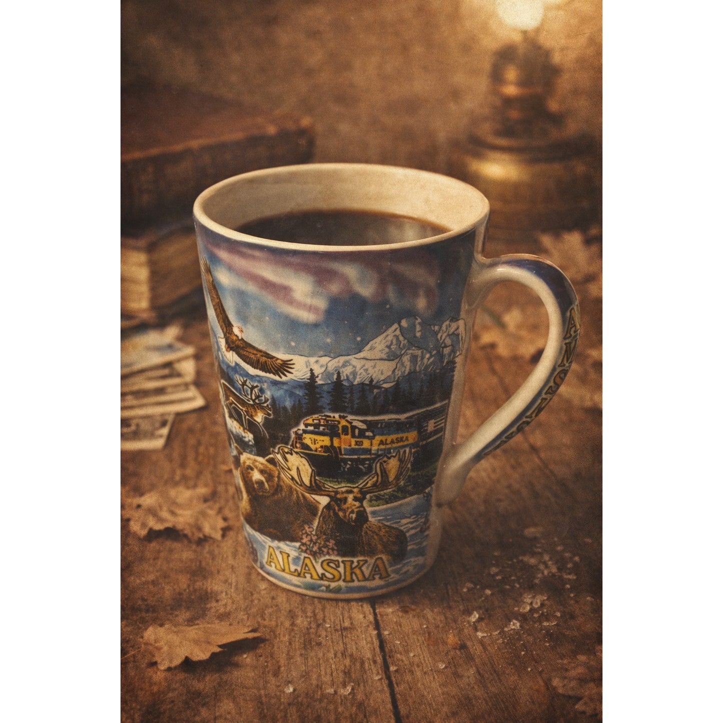 Vintage Alaska Outpost Scenic Wildlife Train Coffee Mug Bear Moose Eagle