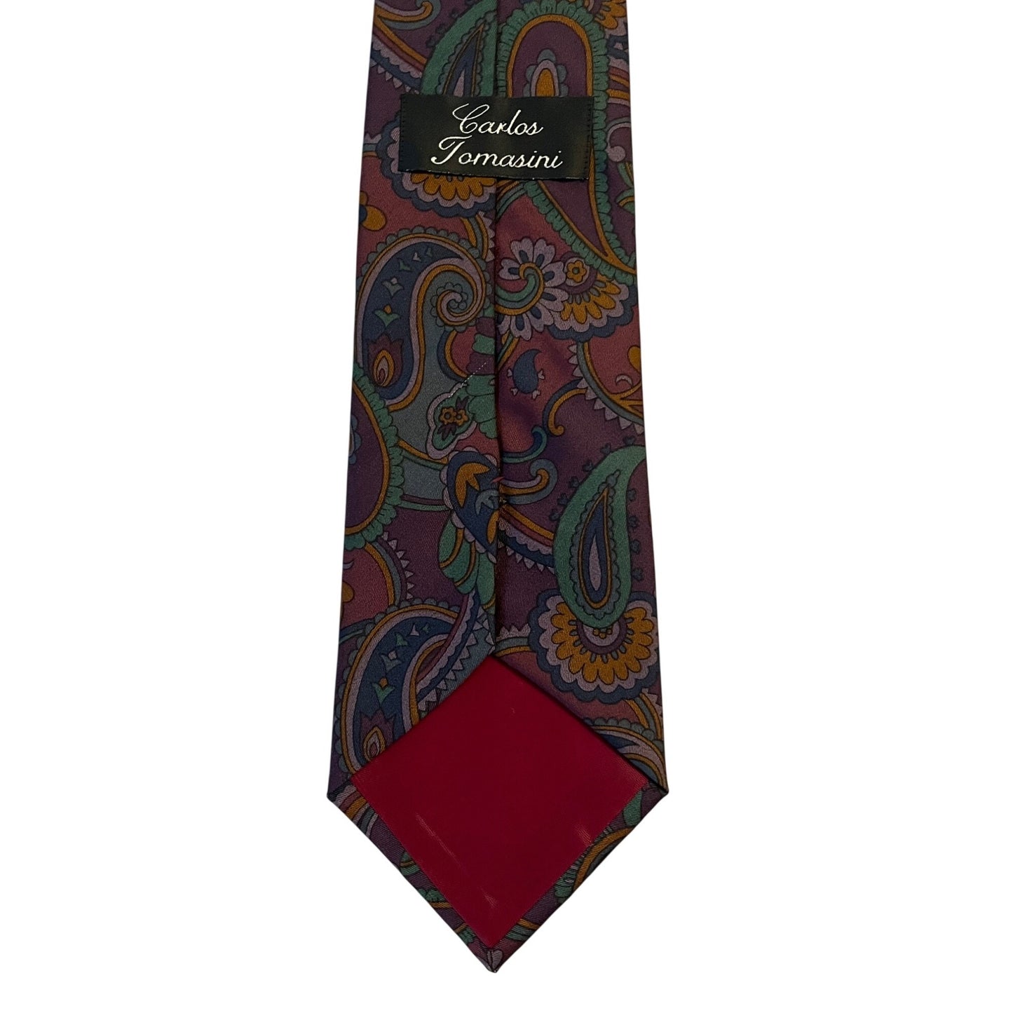 Vintage Carlos Tomasini Paisley Tie Burgundy Teal Madder Print USA Wide Retro Necktie