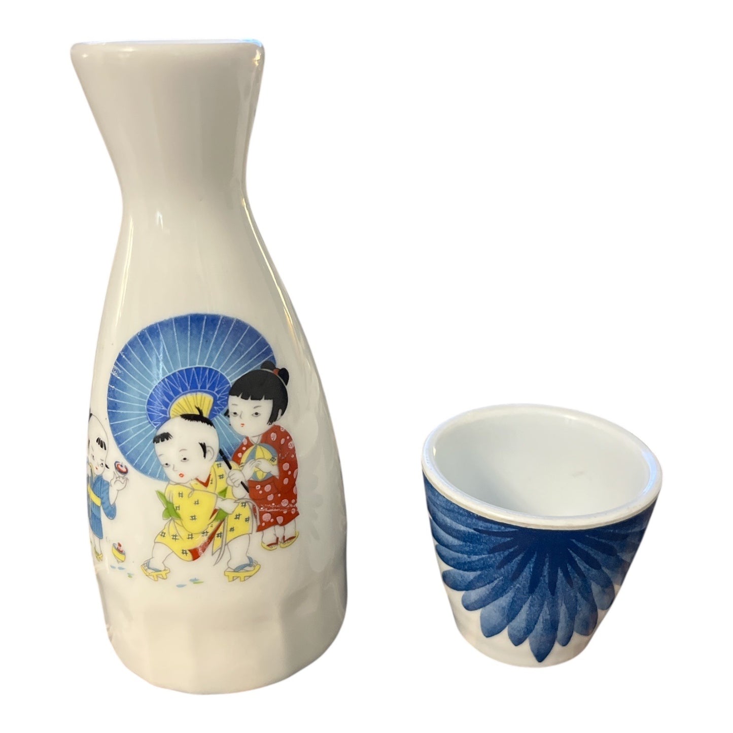Vintage 1970s TTC China Sake Bottle with Mismatched Melamine Cup – Made in Taiwan R.O.C. – Japanese Children Design