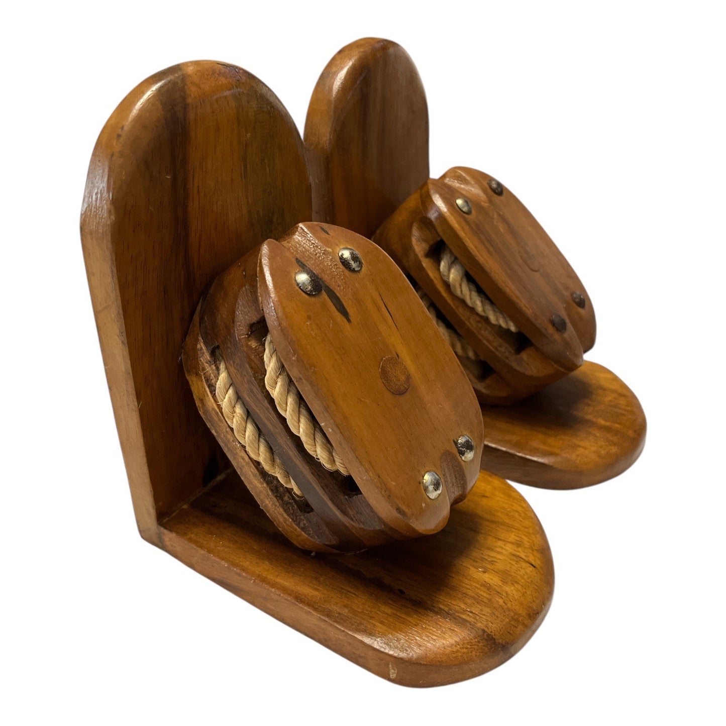 Vintage 1970s Price Products Nautical Pulley Bookends – Wood and Rope