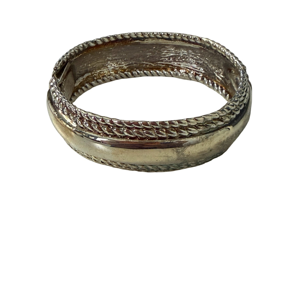 Vintage Chunky Silver Tone Hinged Bangle Bracelet Braided Rope Clamper