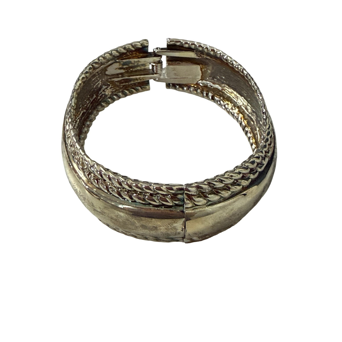 Vintage Chunky Silver Tone Hinged Bangle Bracelet Braided Rope Clamper