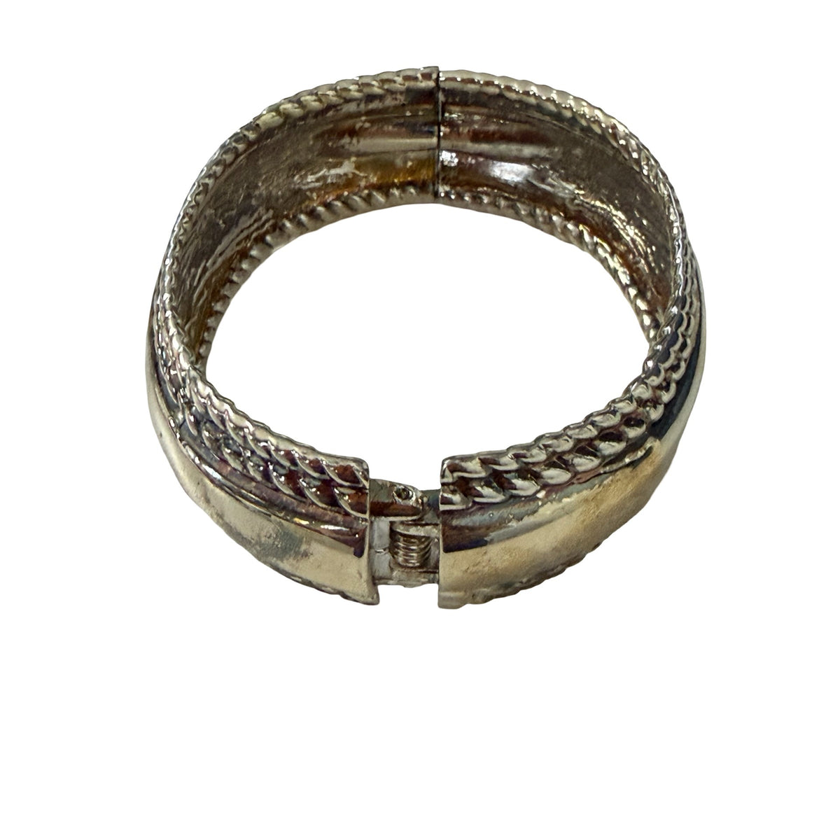 Vintage Chunky Silver Tone Hinged Bangle Bracelet Braided Rope Clamper
