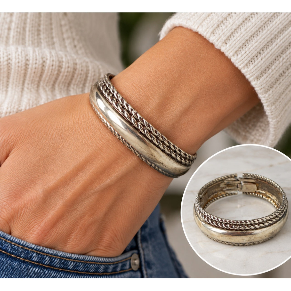 Vintage Chunky Silver Tone Hinged Bangle Bracelet Braided Rope Clamper